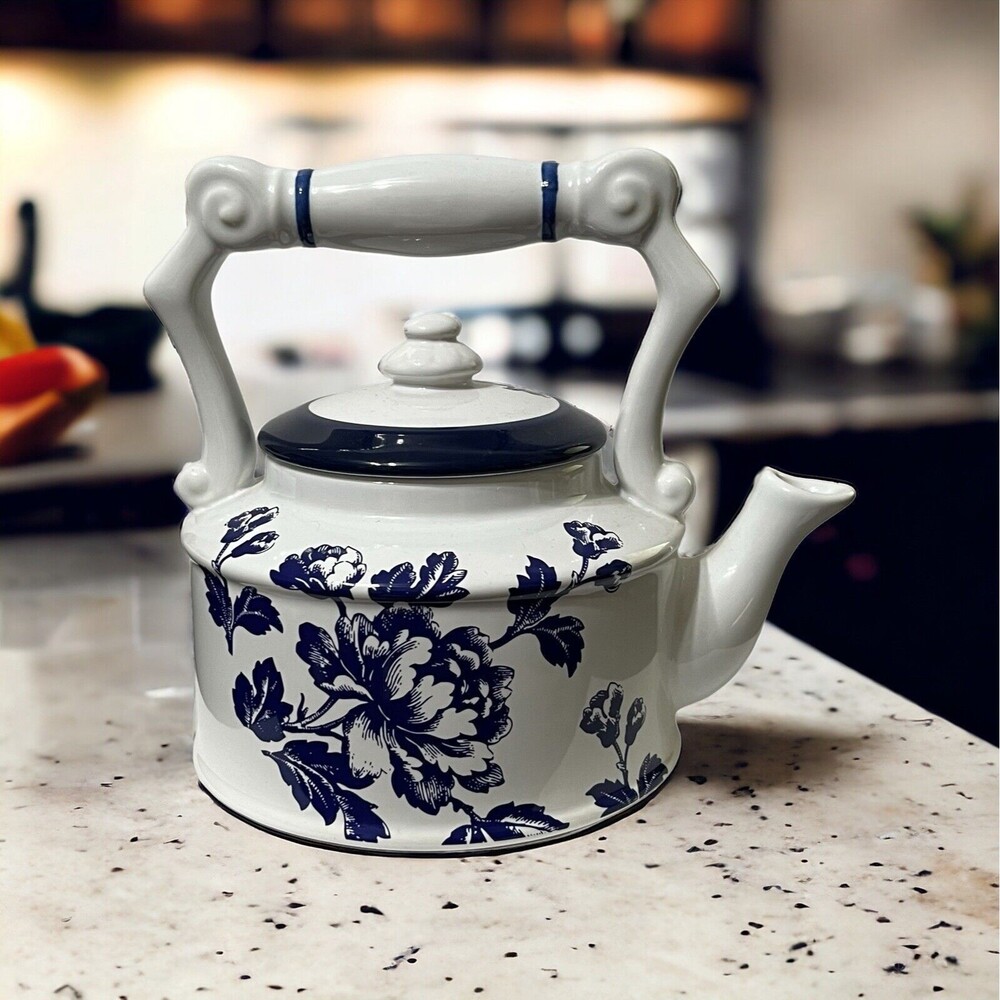 Grasslands Road Ceramic Tea Pot White with Blue Flowers, Blue Trim Lid 8.5"x7.5"